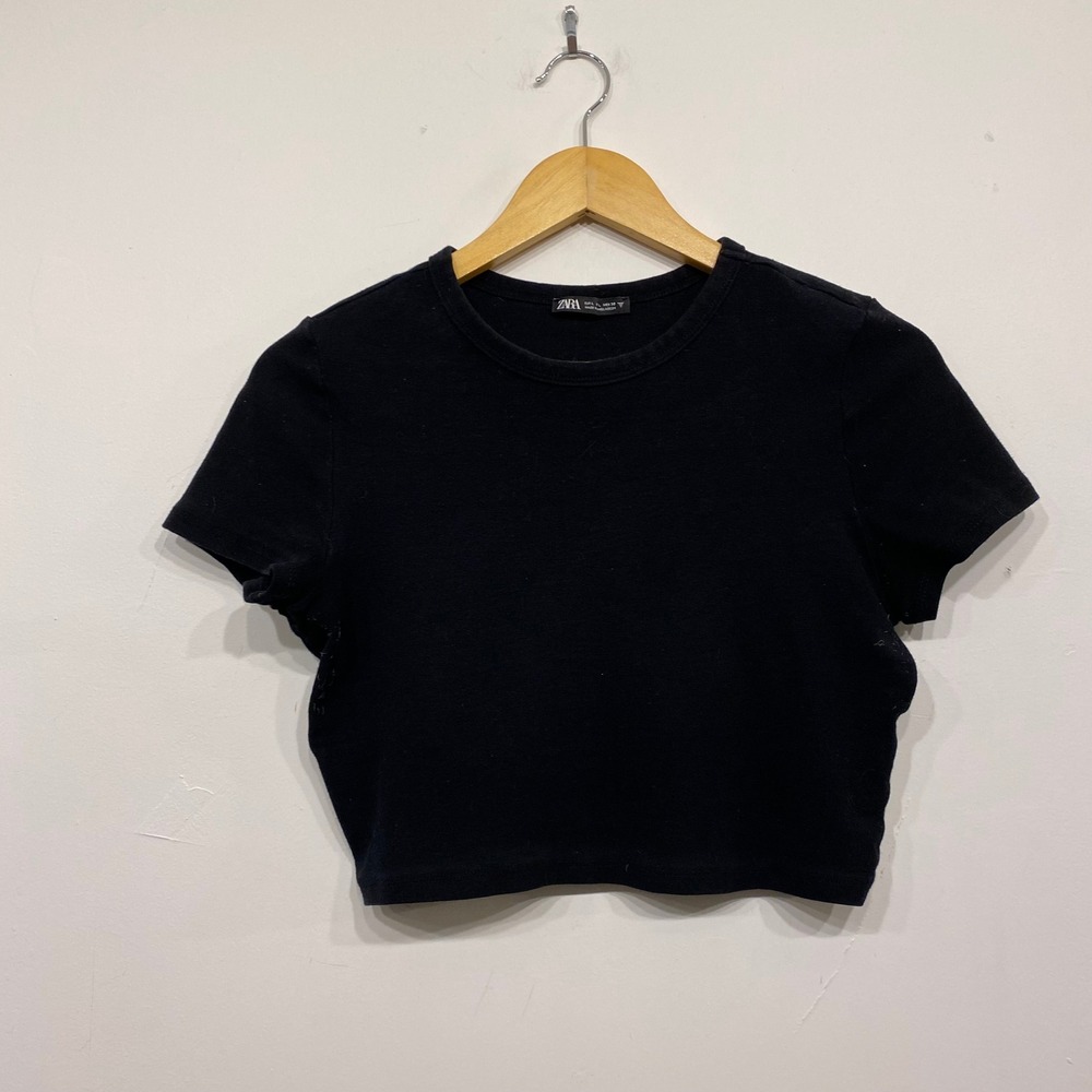 Zara Womens Black‎ Short Sleeve Cropped Baby T-Shirt Size Large